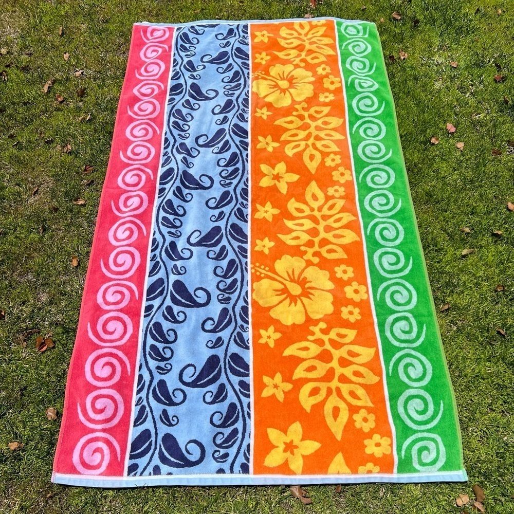 Vintage Oversized Beach Towel Bright Colorful Stripe Hibiscus Tropical 38x67 GUC
